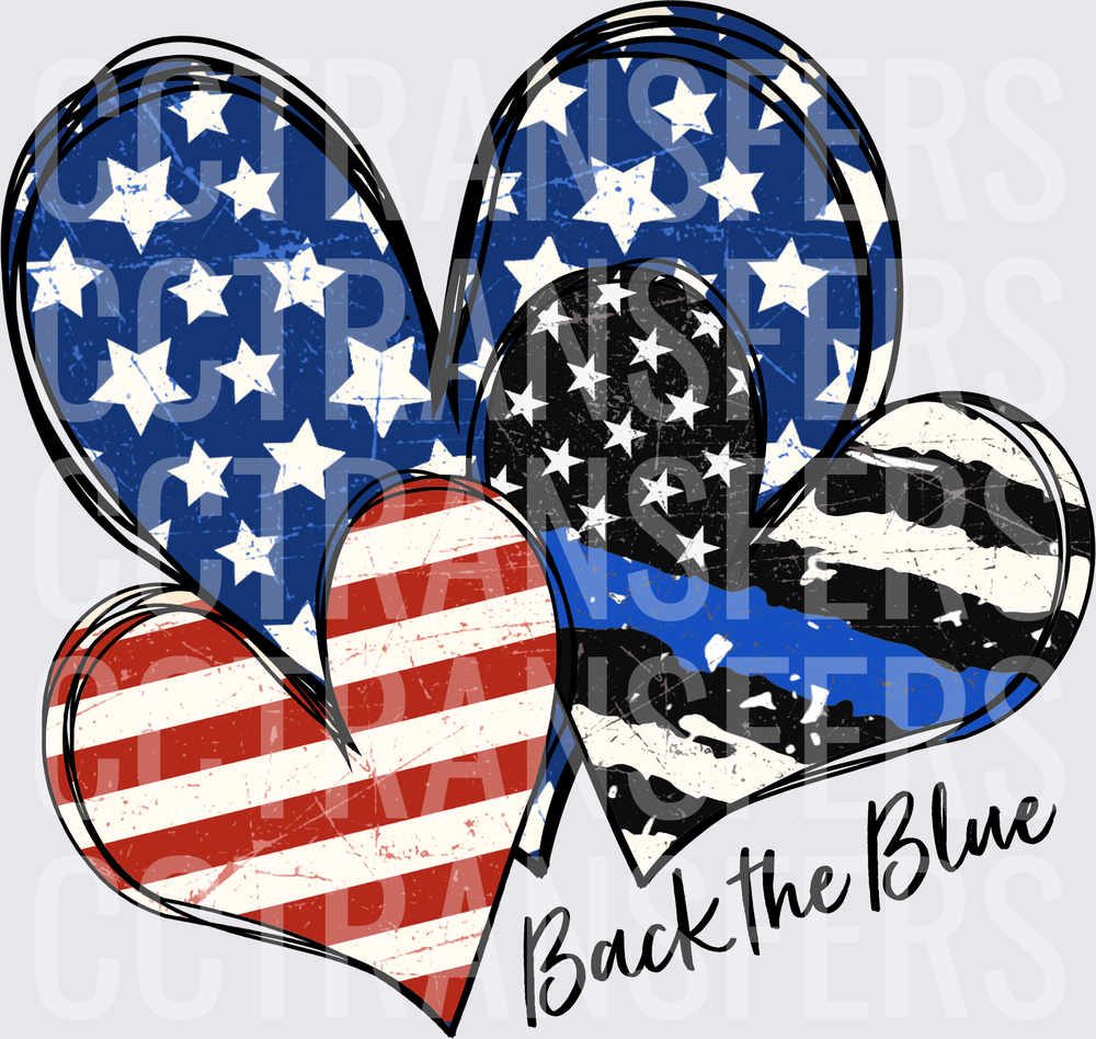 Back the Blue Patriotic Hearts Thin Blue Line Paw (DTF)