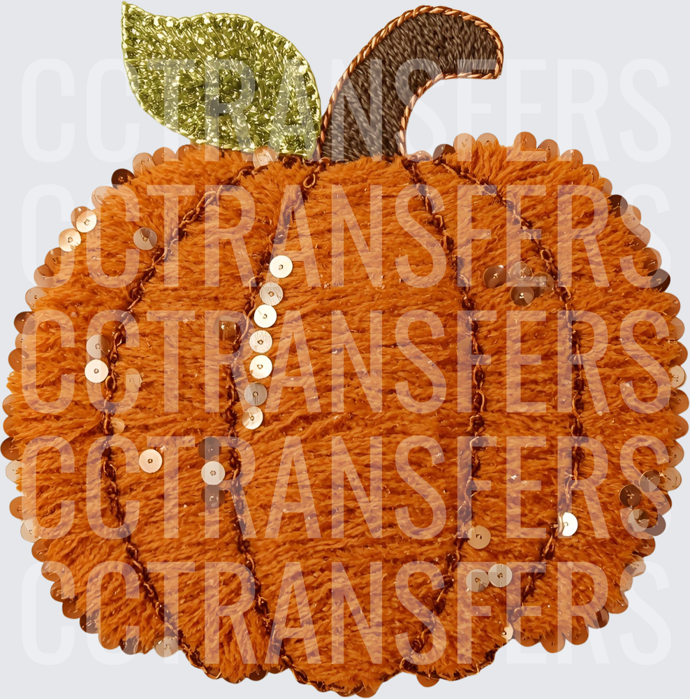 Sequin Embroidery Textured Fall Pumpkin with Glitter Leaf (DTF)