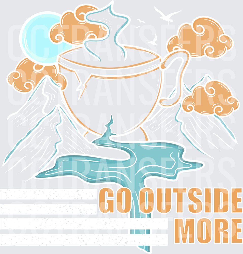 Go Outside More Steaming Coffee Cup Mountain Scene (DTF)