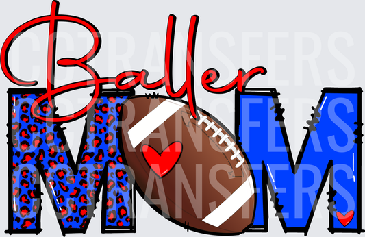Baller Mom Football Blue Red Leopard Print Heart (DTF)