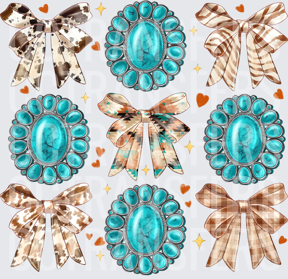 Western Turquoise Concho Bows Cowprint Aztec Collage (DTF)