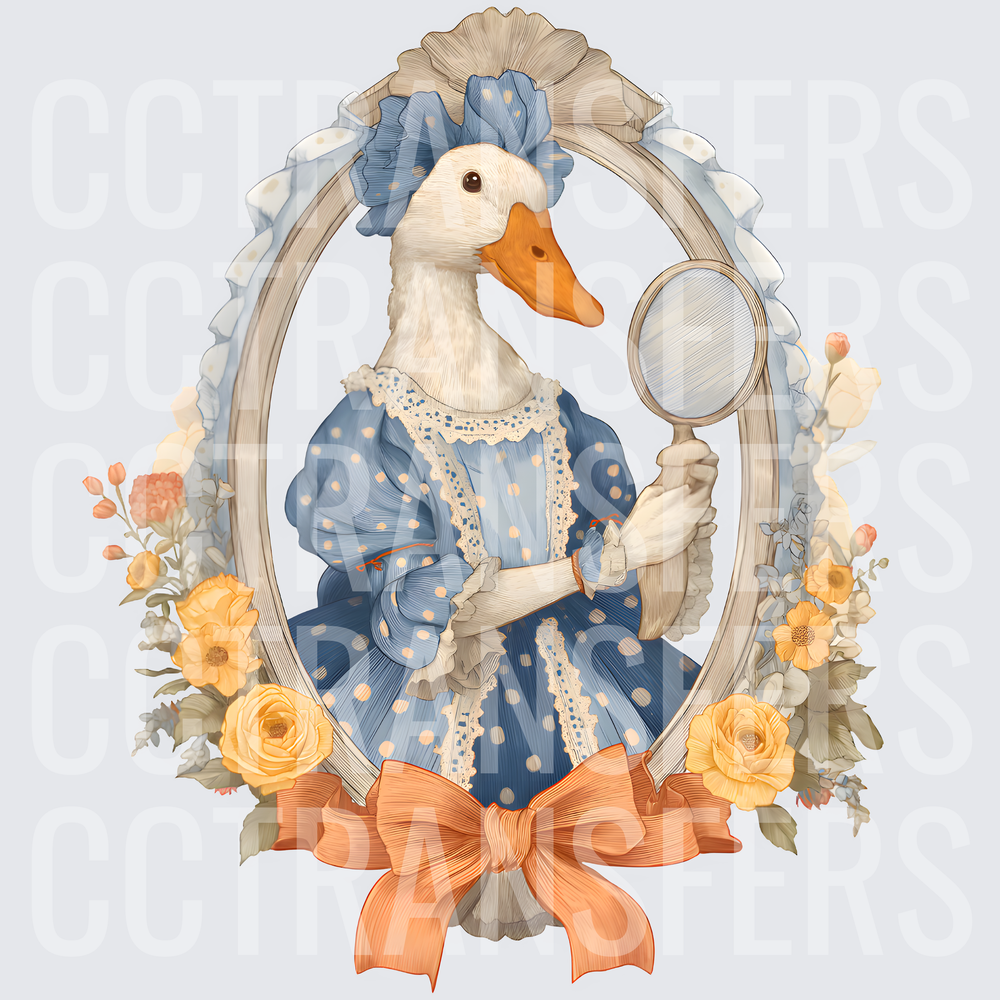 Elegant Goose in Blue Polka Dot Dress Holding Mirror (DTF)