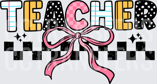 Teacher Mixed Pattern Letters Pink Coquette Bow Checkered (DTF)