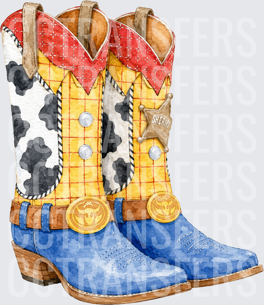 Watercolor Sheriff Star Cowboy Boots Yellow Plaid (DTF)