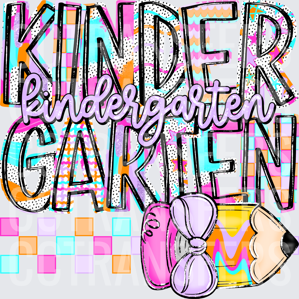 Kindergarten Colorful Bold Lettering with Pencil and Bow (DTF)