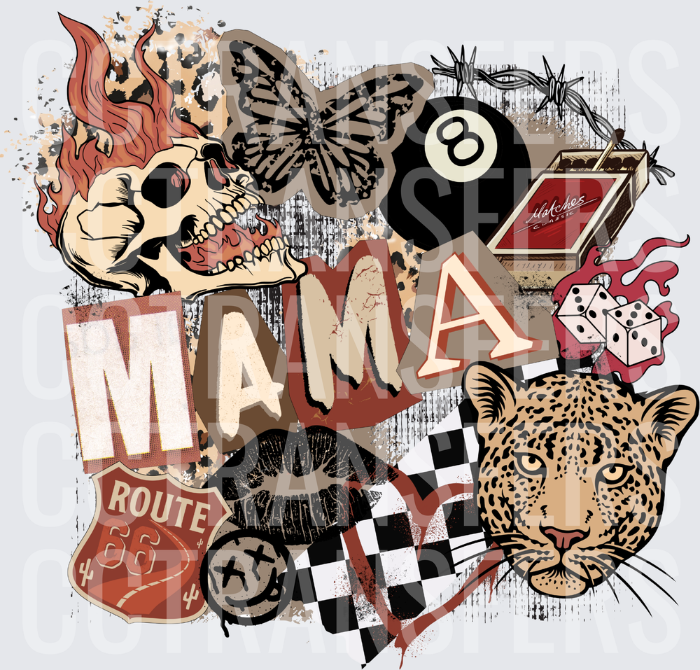 Mama Skull Leopard 8 Ball Route 66 Collage (DTF)