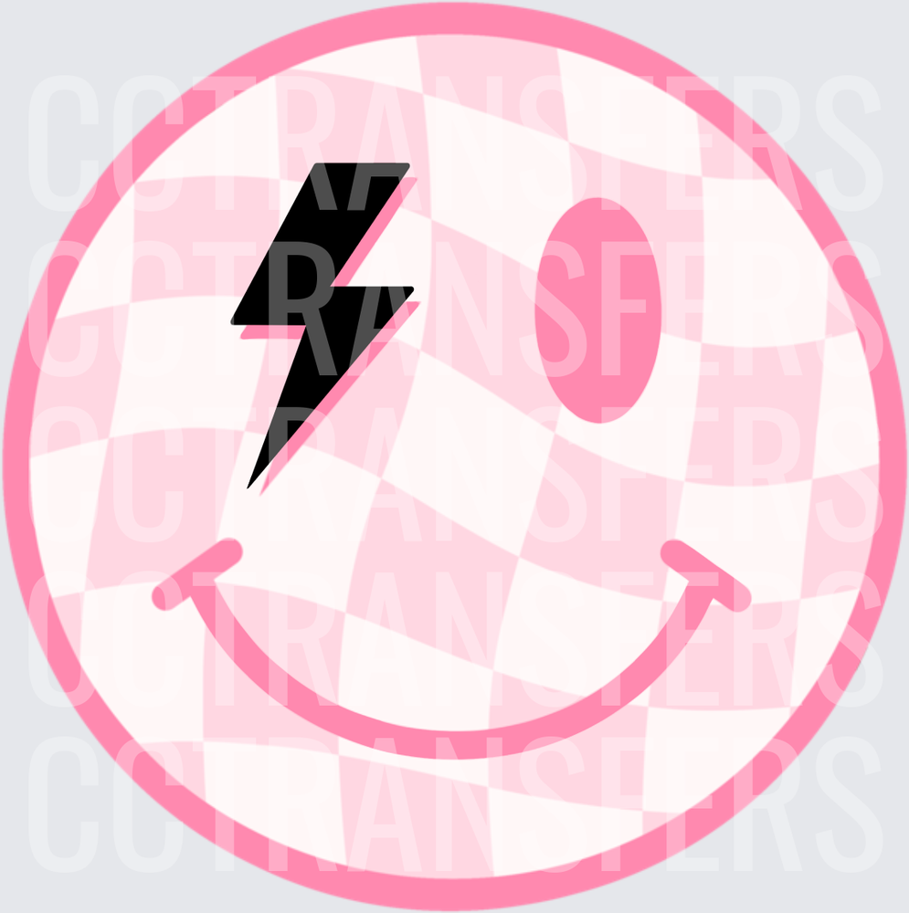 Pink Checkered Smiley Face with Lightning Bolt Eye (DTF)
