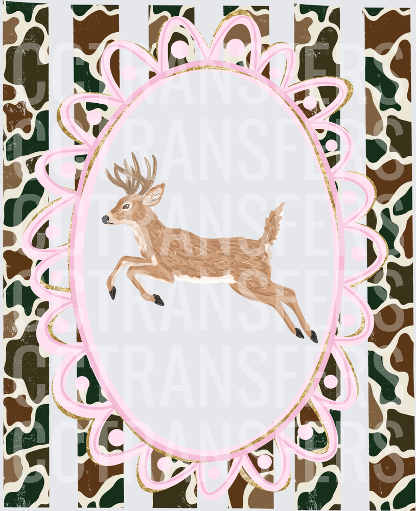 Leaping Buck Pink Oval Frame Camo Background (DTF)