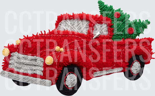 Embroidered Style Vintage Red Truck with Christmas Tree (DTF)