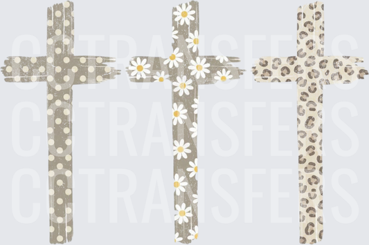 Three Patterned Crosses Polka Dot Daisy Leopard (DTF)