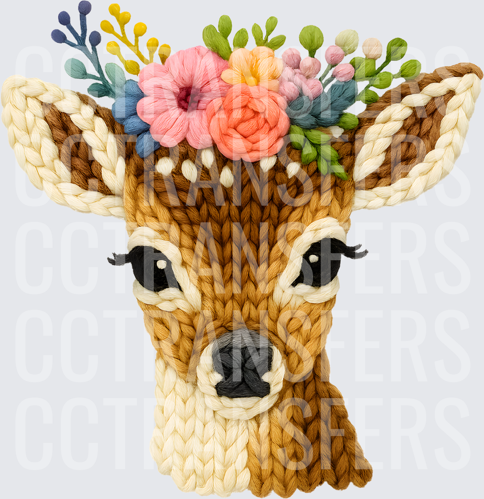 Knitted Fawn Portrait with Colorful Floral Crown (DTF)