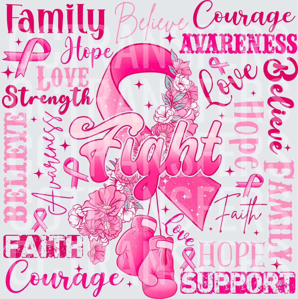 Pink Ribbon Fight Floral Boxing Gloves Awareness Word Collage (DTF)