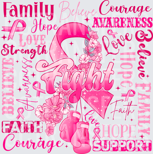Pink Ribbon Fight Floral Boxing Gloves Awareness Word Collage (DTF)