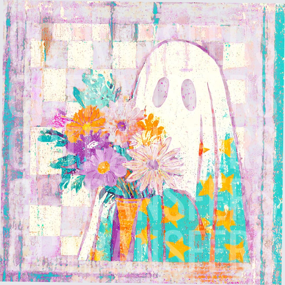 Pastel Ghost With Colorful Floral Bouquet and Stars (DTF)