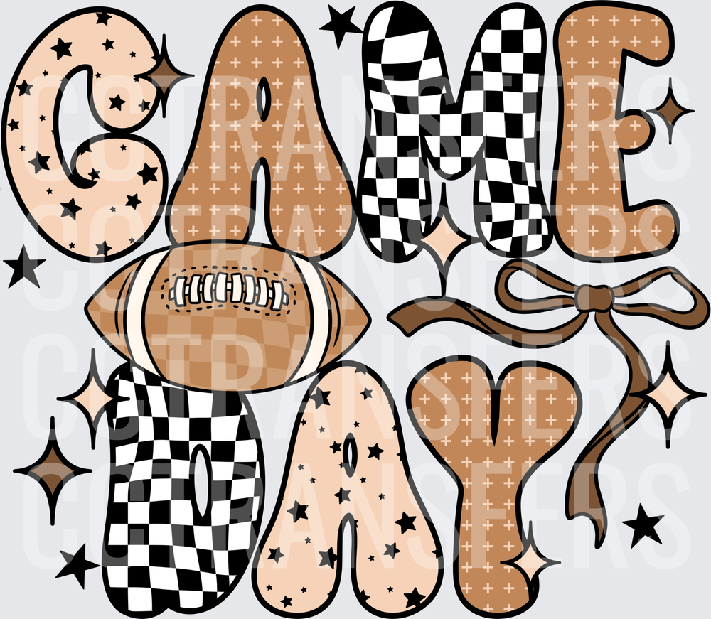 Game Day Football Checkered Stars Bow Neutral Tones (DTF)