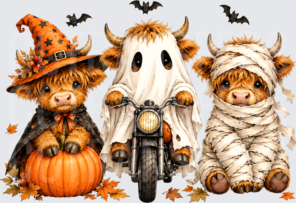 Halloween Highland Cows Witch Ghost Mummy Motorcycle (DTF)