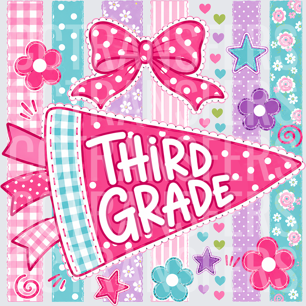Third Grade Pennant Pink Bow Floral Stripes (DTF)