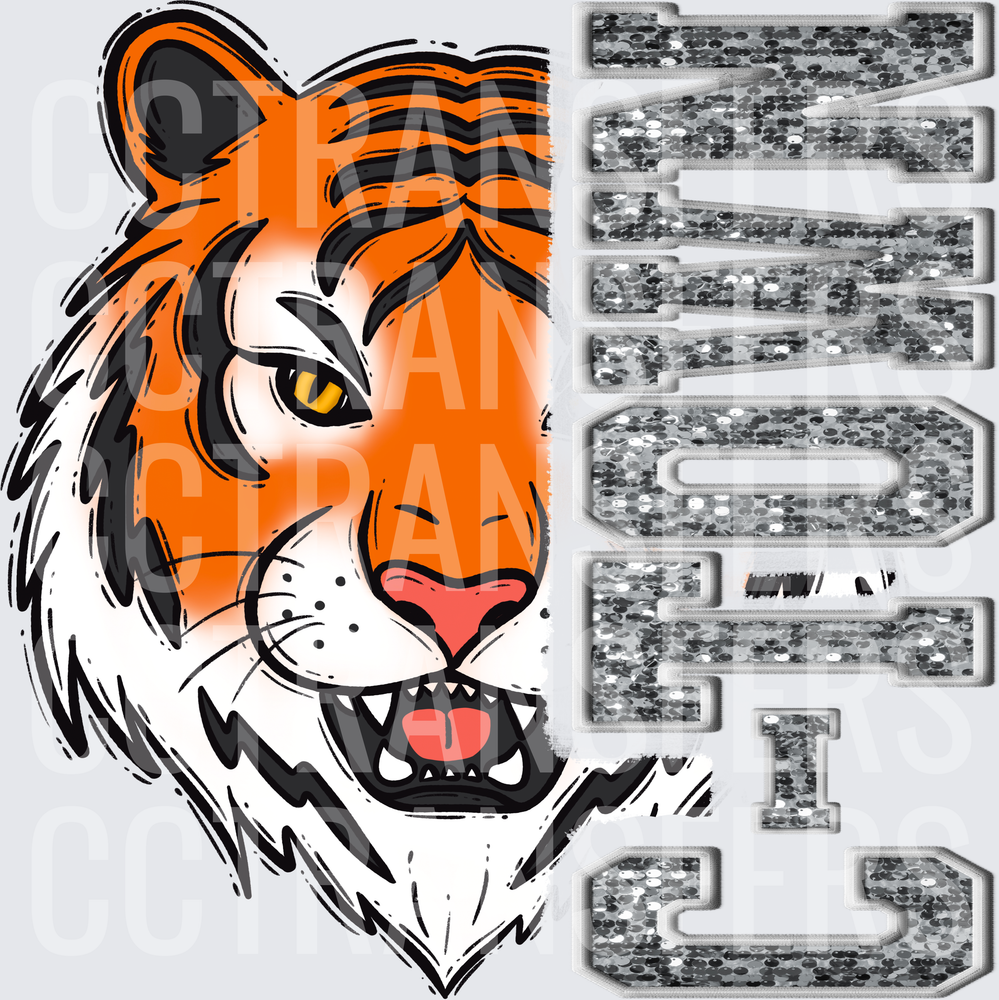 Fierce Tiger Face Mom Silver Sequin Letters (DTF)