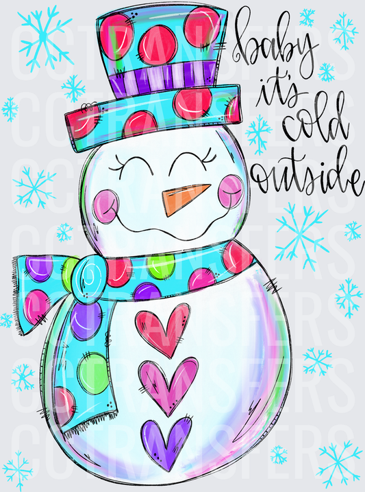 Cute Snowwoman Baby It's Cold Outside Hearts Snowflakes (DTF)
