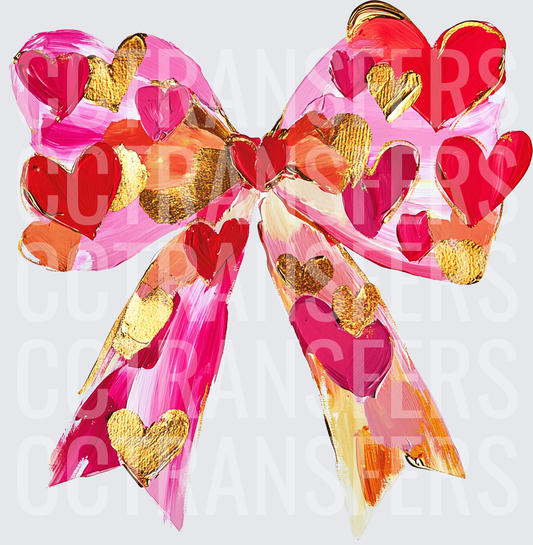 Painted Pink Bow Red Gold Hearts Valentine (DTF)