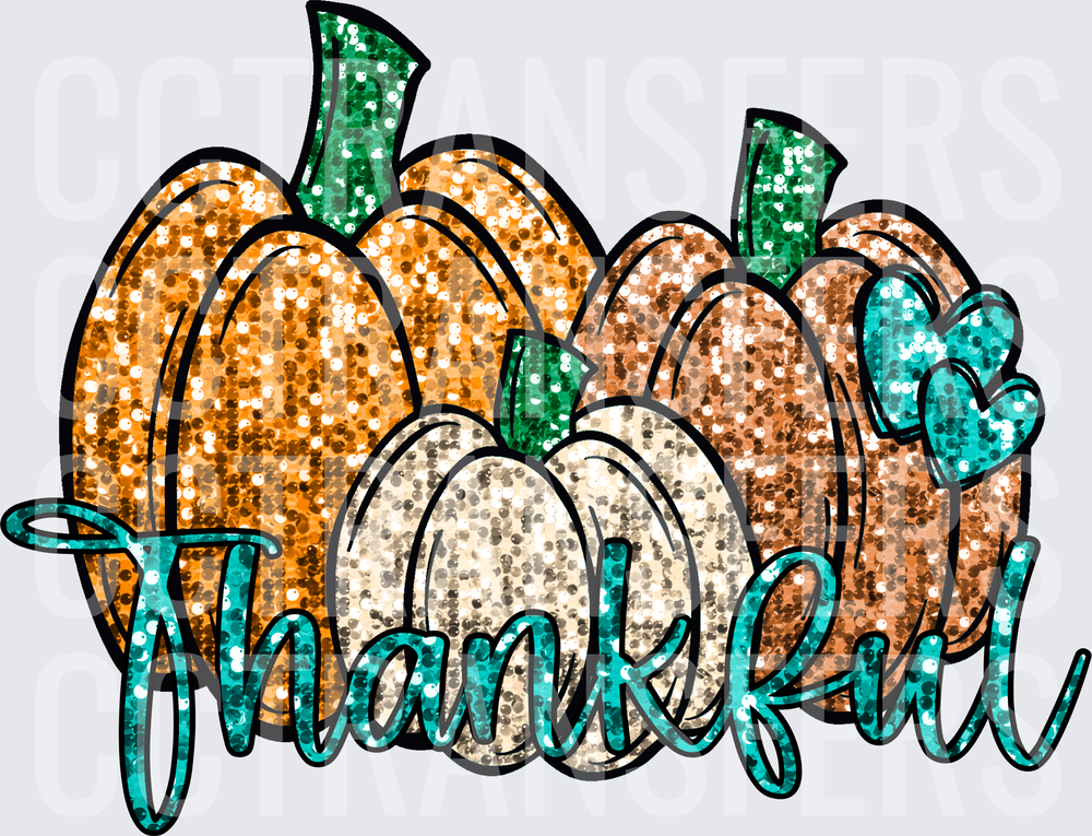 Thankful Glitter Pumpkins Trio Teal Script Fall (DTF)