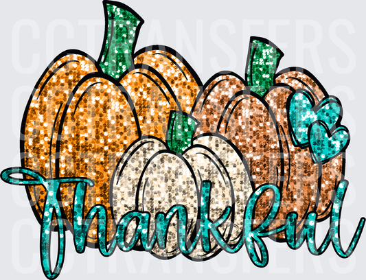 Thankful Glitter Pumpkins Trio Teal Script Fall (DTF)