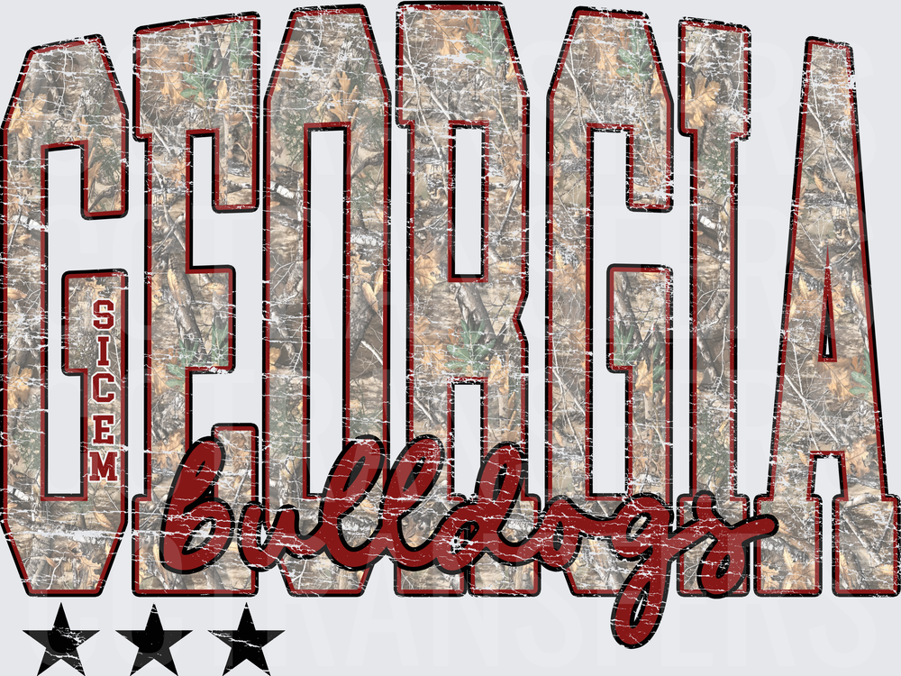 Georgia Bulldogs Camo Distressed Script Stars (DTF)