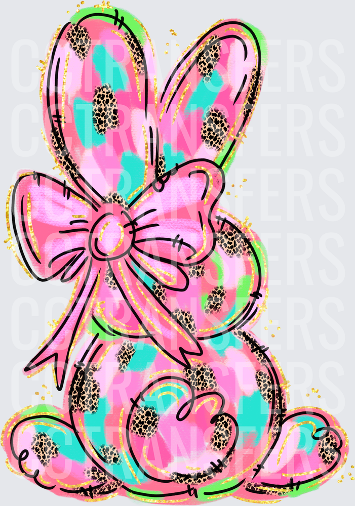 Pink Teal Leopard Print Easter Bunny with Bow (DTF)