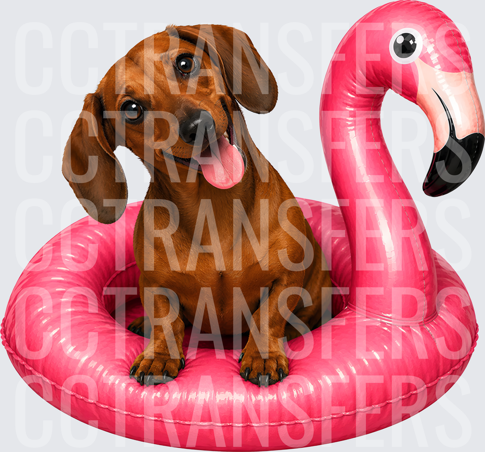 Happy Dachshund Sitting in Pink Flamingo Inflatable Float (DTF)