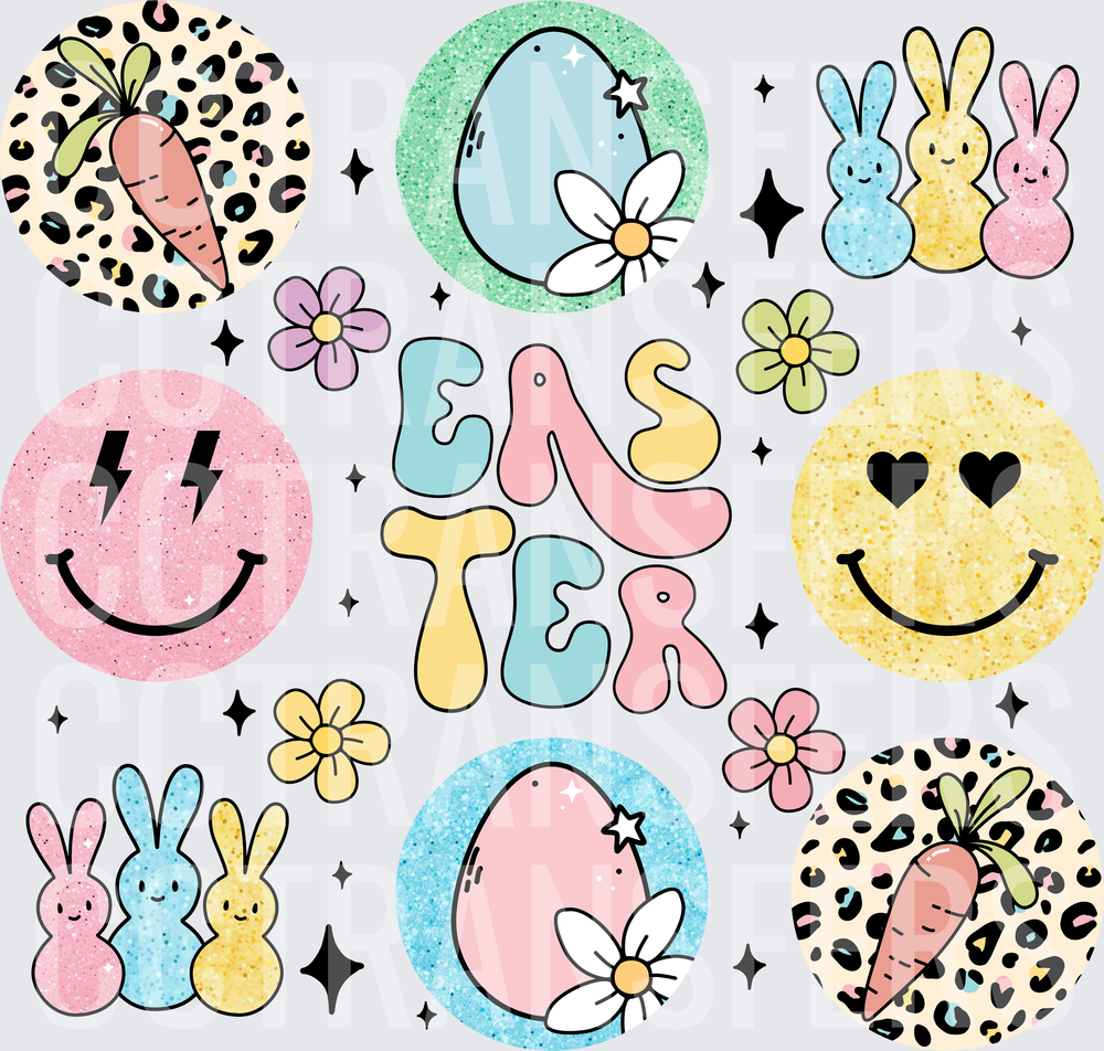 Pastel Easter Smiley Faces Bunnies Eggs Carrots Flowers (DTF)