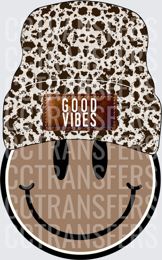 Good Vibes Smiley Face Cow Print Beanie Hat (DTF)