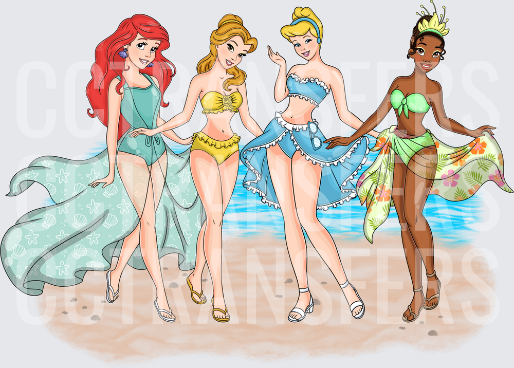 Four Animated Princesses Summer Beach Swimsuit Girls (DTF)