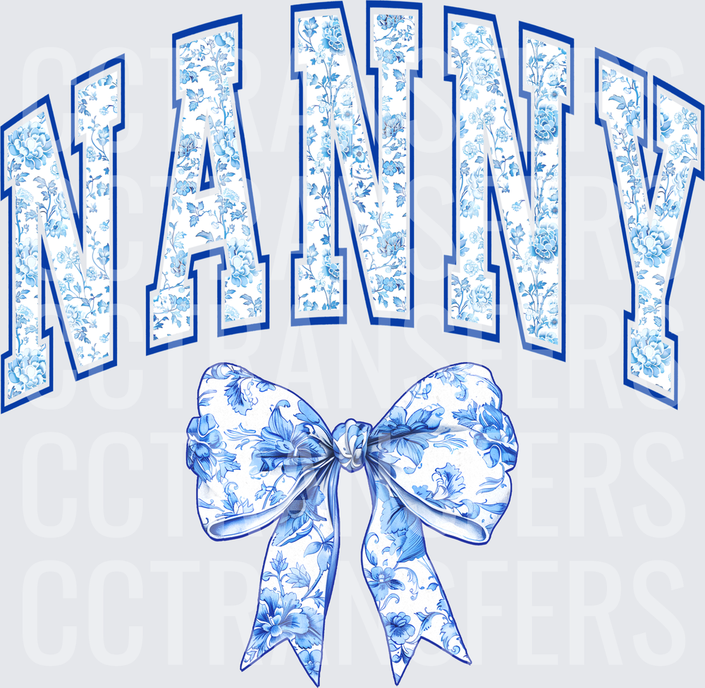 Nanny Arched Blue Floral Varsity Letters with Bow (DTF)
