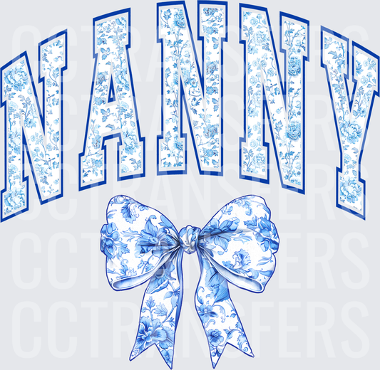Nanny Arched Blue Floral Varsity Letters with Bow (DTF)