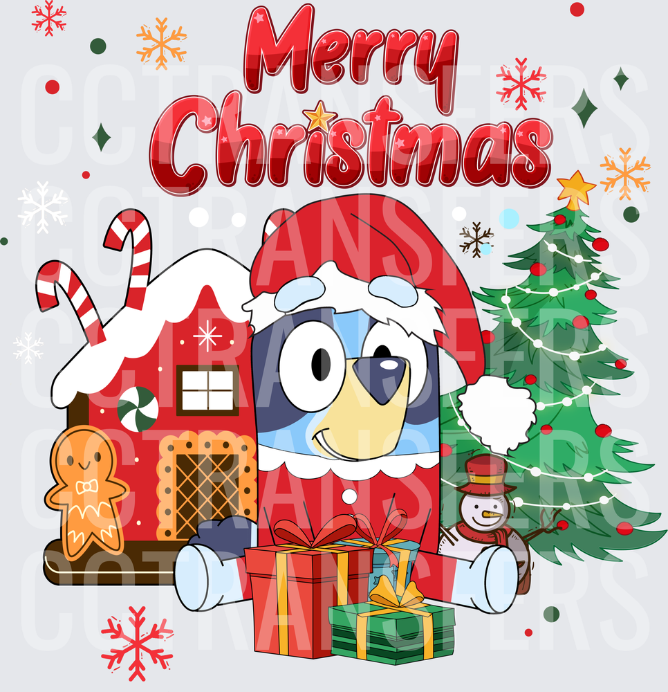 Merry Christmas Blue Cartoon Dog Santa Holiday Scene (DTF)