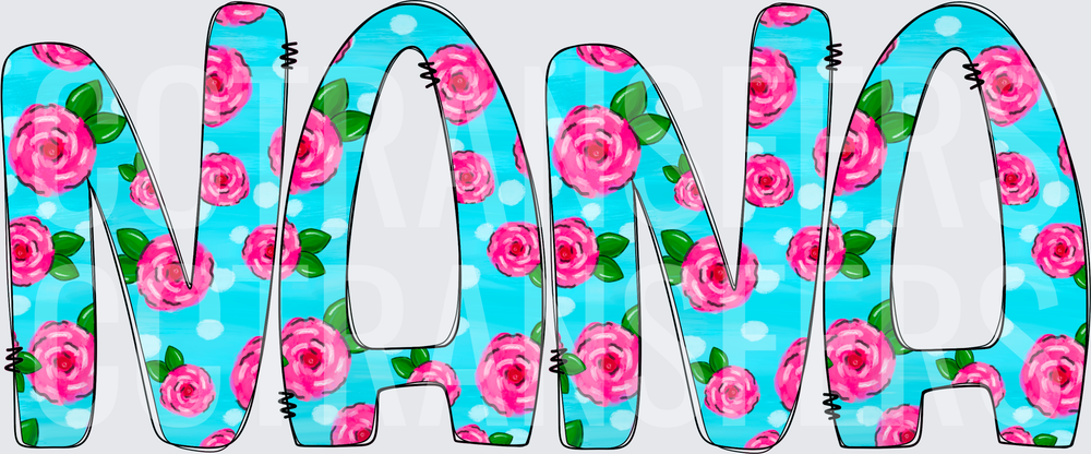 Nana Floral Pink Rose Teal Polka Dot Block Letters (DTF)