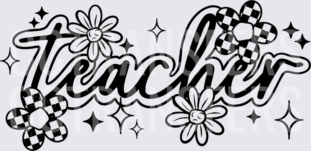 Retro Teacher Script Checkered Daisy Sparkle (DTF)