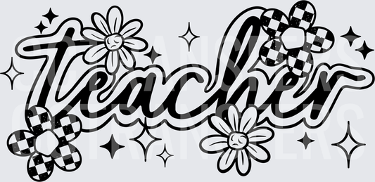 Retro Teacher Script Checkered Daisy Sparkle (DTF)
