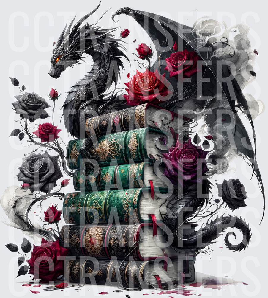 Dark Dragon Coiled Around Ancient Books with Red Roses (DTF)