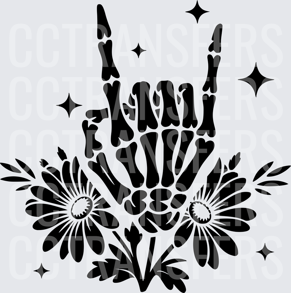Skeleton Hand Rock On Sign Floral Daisy Sparkles (DTF)