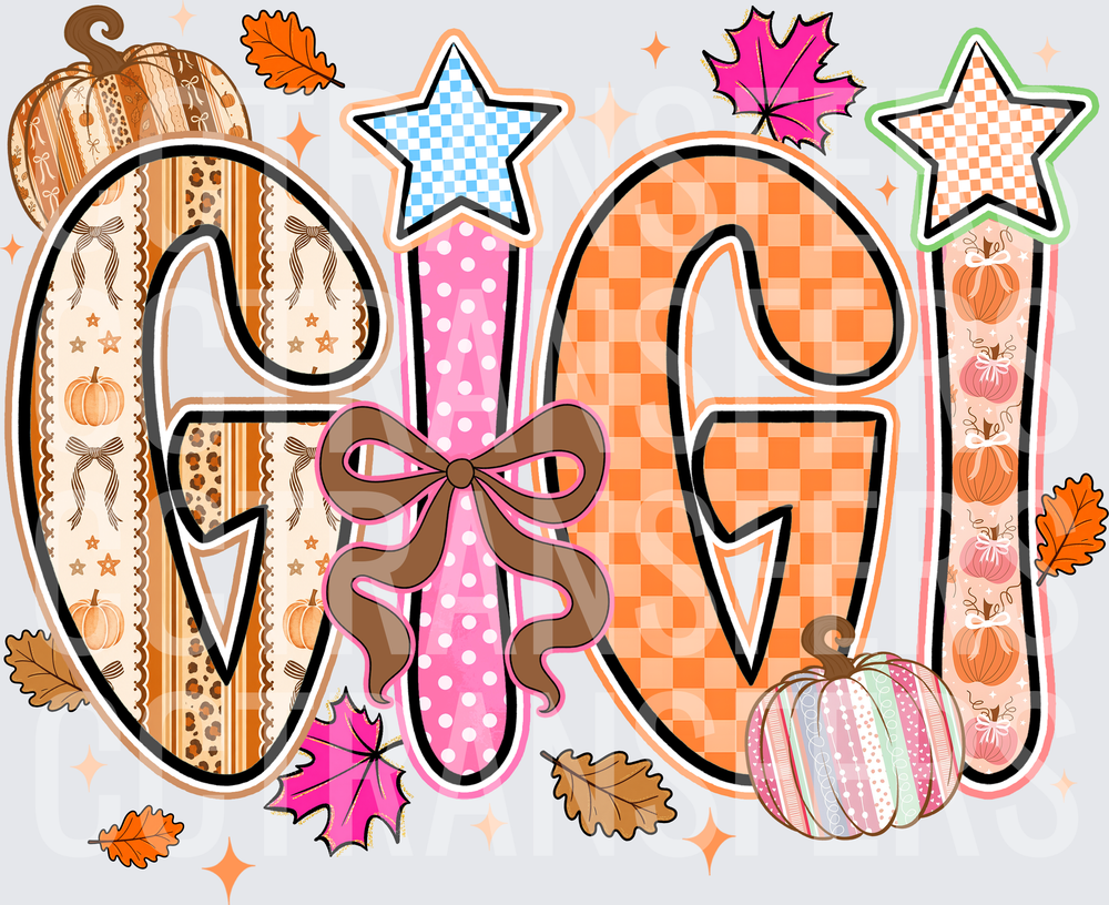 Fall Patchwork GIGI Letters Pumpkins Leaves Bow (DTF)