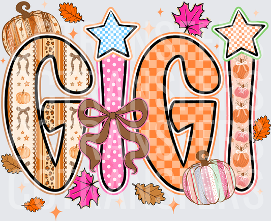 Fall Patchwork GIGI Letters Pumpkins Leaves Bow (DTF)