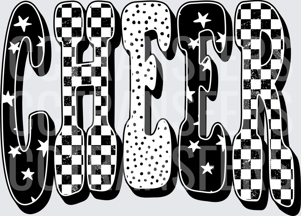 Bold CHEER Retro Checkered Stars Polka Dot Mixed Pattern (DTF)