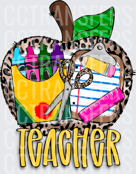 Leopard Apple Teacher School Supplies Crayons Scissors (DTF)