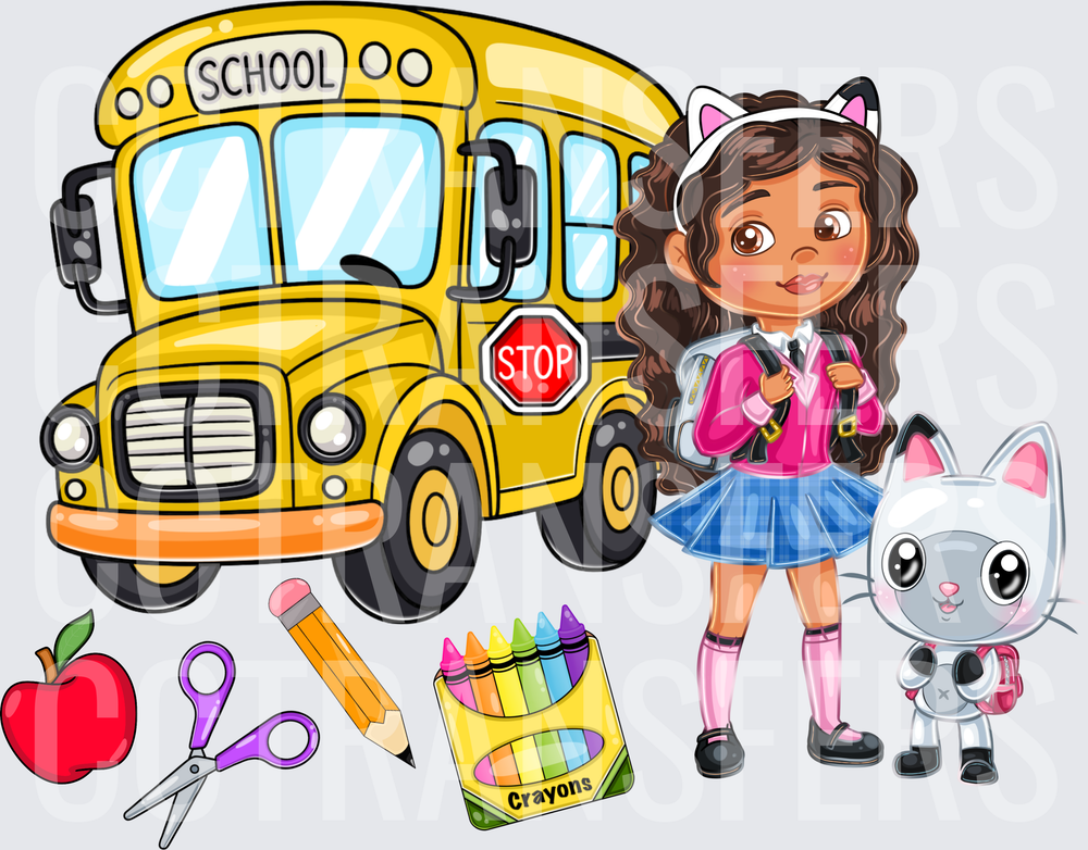 Curly Hair Girl with Cat Ears & Kitten Back to School Bus (DTF)