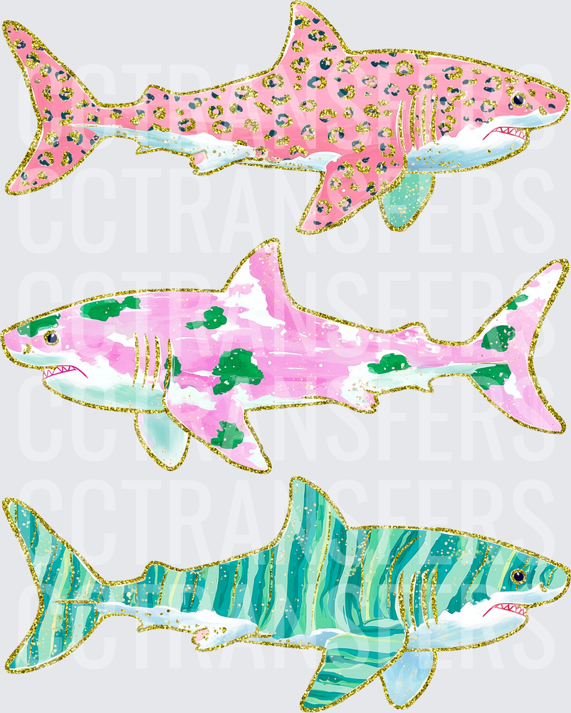 Glam Patterned Sharks Gold Glitter Set of Three (DTF)