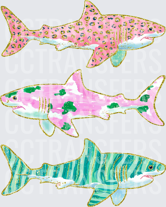 Glam Patterned Sharks Gold Glitter Set of Three (DTF)