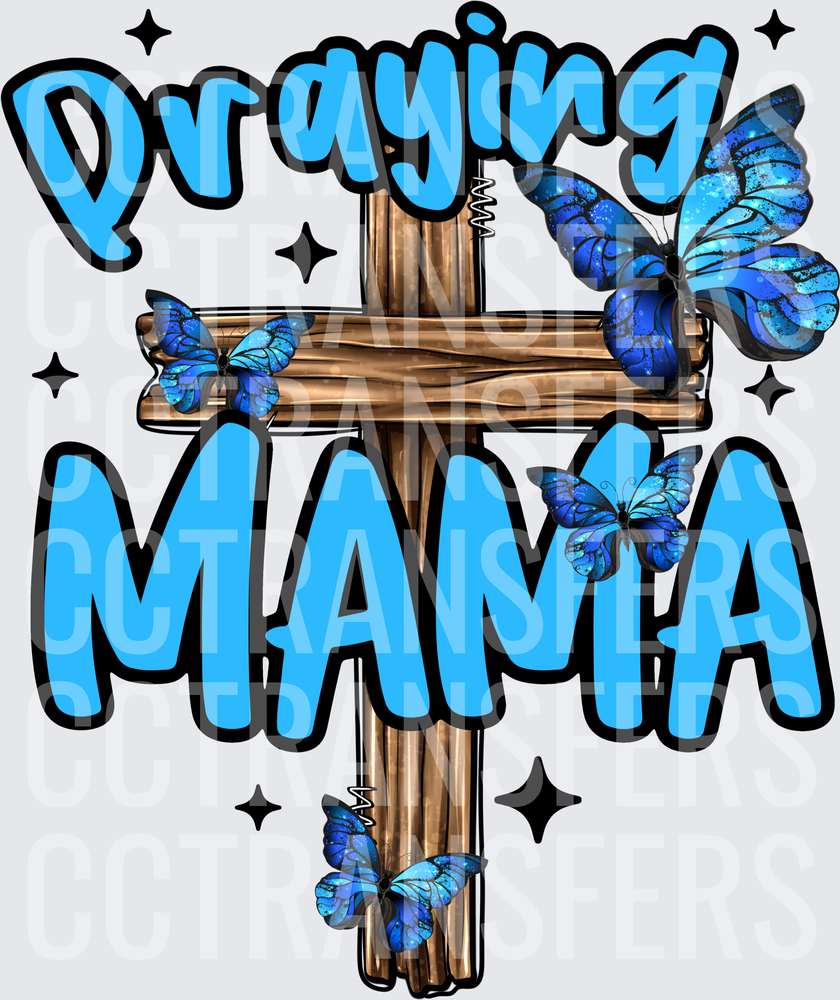 Praying Mama Wooden Cross Blue Butterflies Sparkle (DTF)