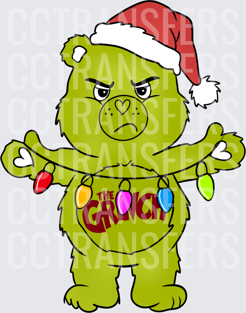 Grumpy Green Bear Grinch Christmas Lights Santa Hat (DTF)