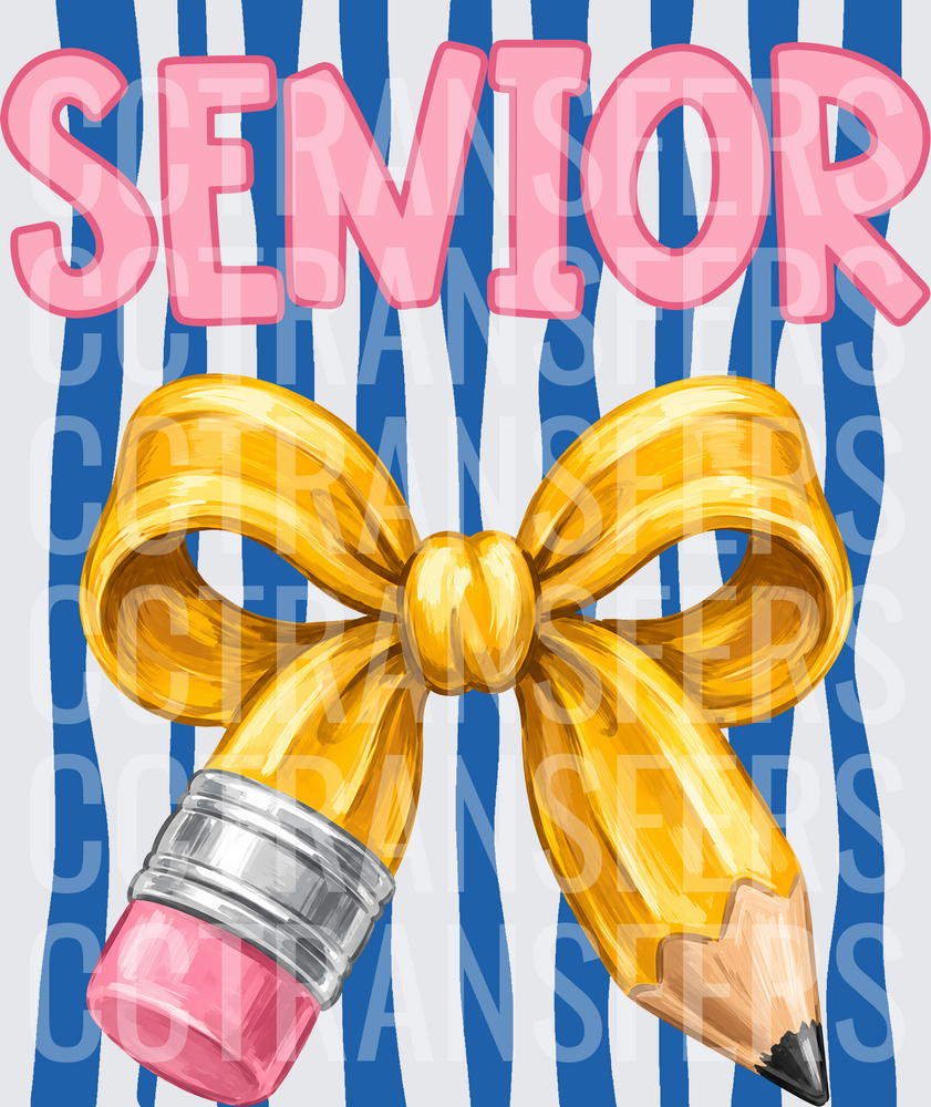 Senior Pencil Gold Bow Blue Stripes (DTF)